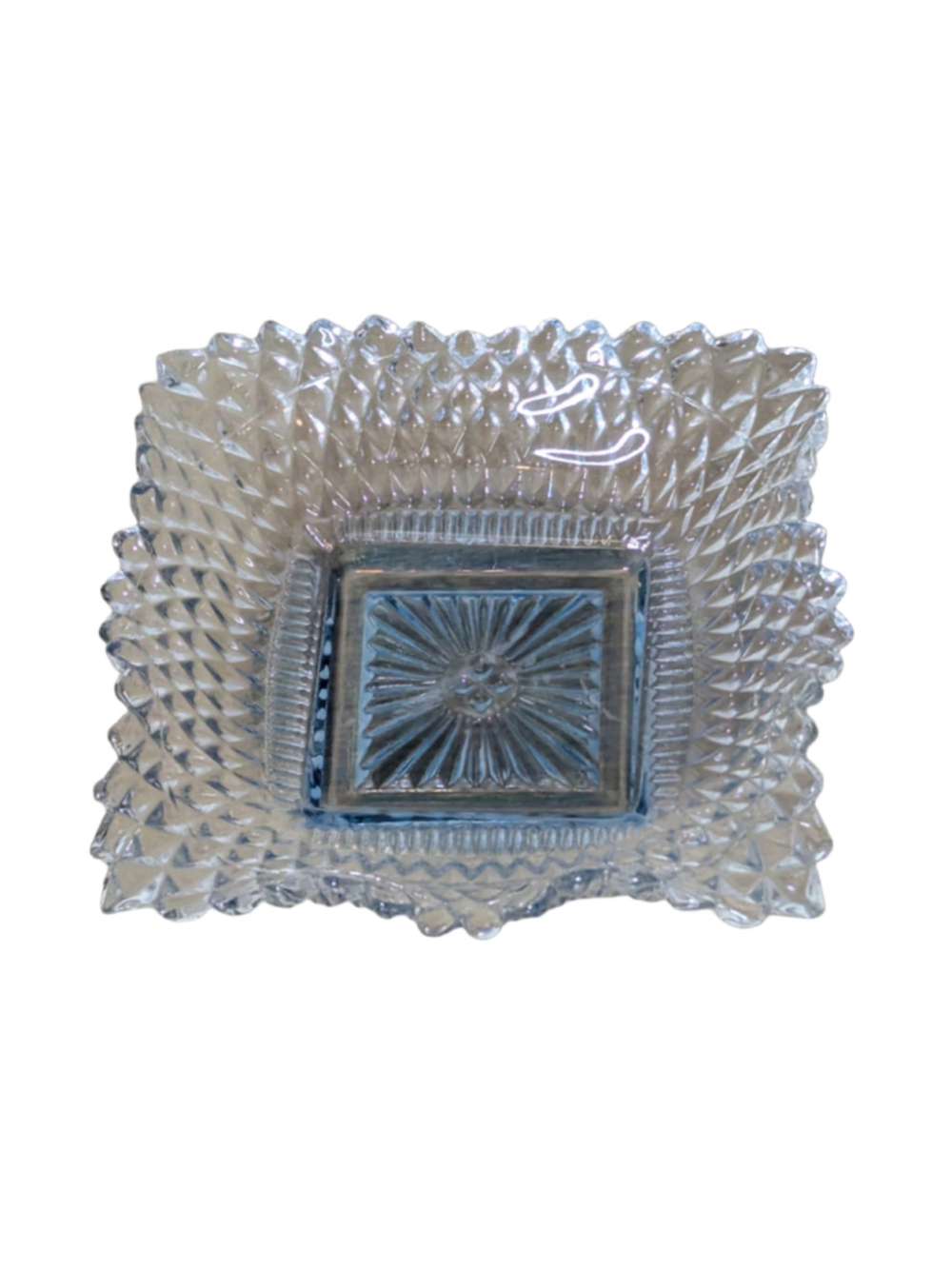 Vintage Indiana Glass Diamond Point Blue Tinted Ashtray/ Trinket Dish